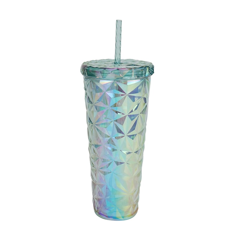 26 oz Plastic Double Wall Insulated Prismatic Textured Tumbler with Straw – Blue Iridescent