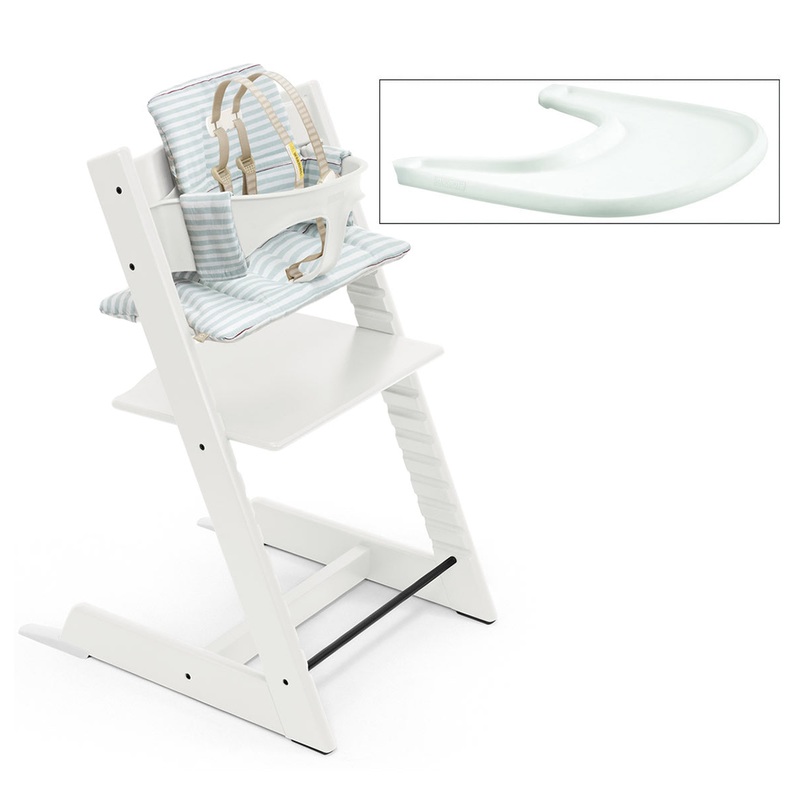 Tripp Trapp High Chair and Cushion with Stokke Tray — White/Aqua Stripes