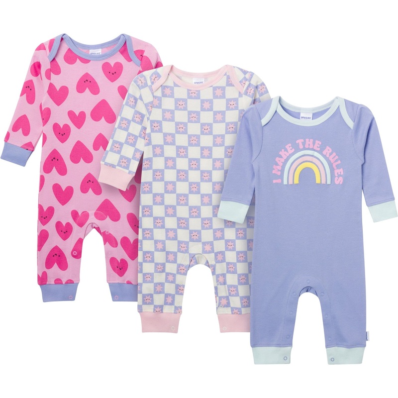3-Pack Baby Girls Rainbows and Hearts Lap Shoulder Rompers