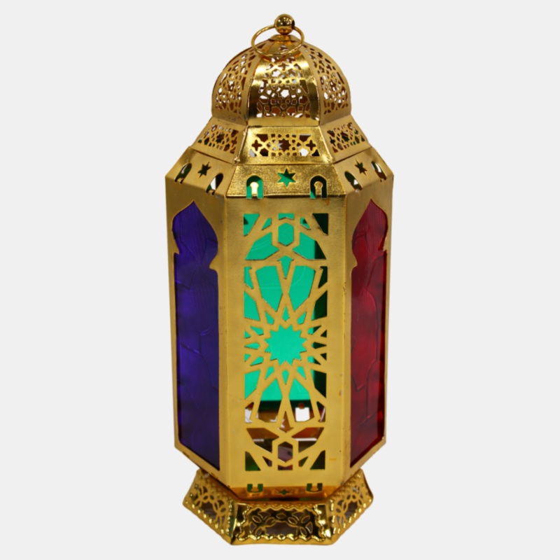 Hexagonal Golden Lantern  Multicolored Glass