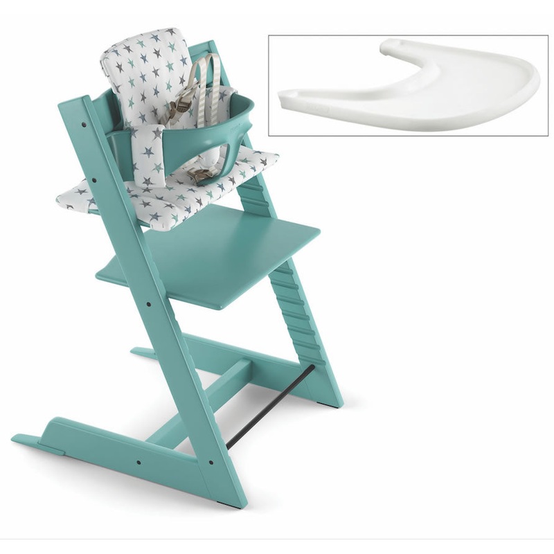 Tripp Trapp High Chair and Cushion with Stokke Tray — Aqua Blue/Aqua Star