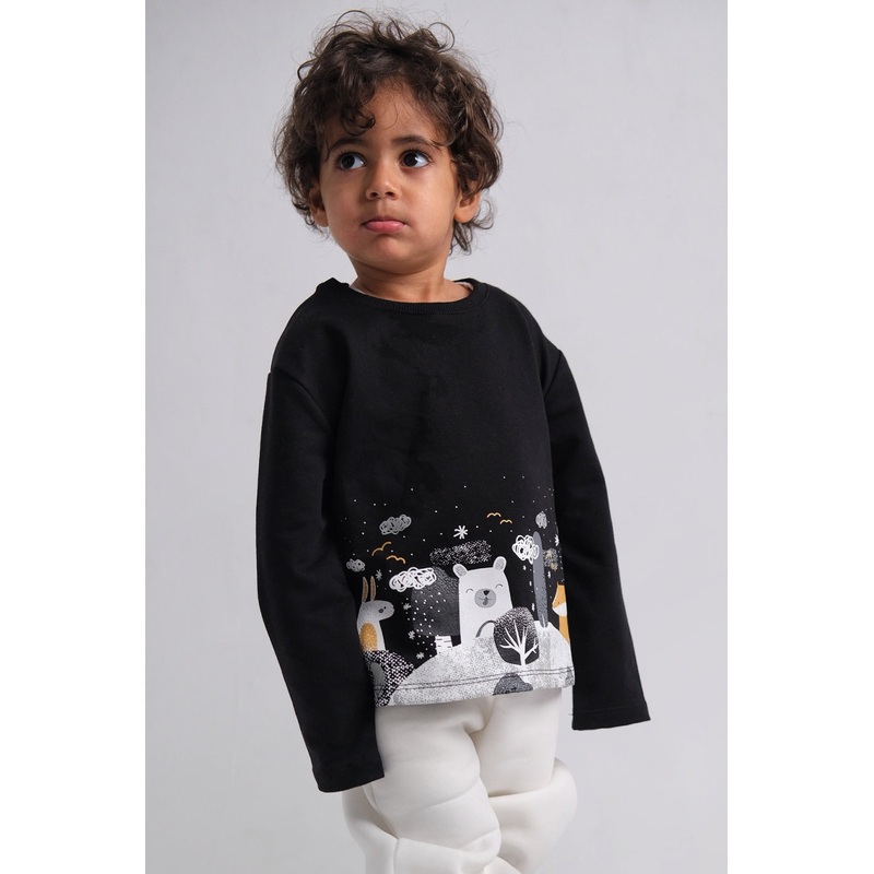 Unisex Black Printed Long-Sleeved T-Shirt