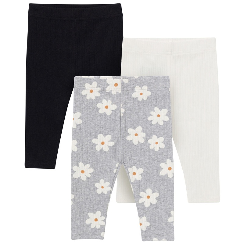 3-Pack Baby & Toddler Girls Gray Flowers, Cream and Black Ribbed Leggings