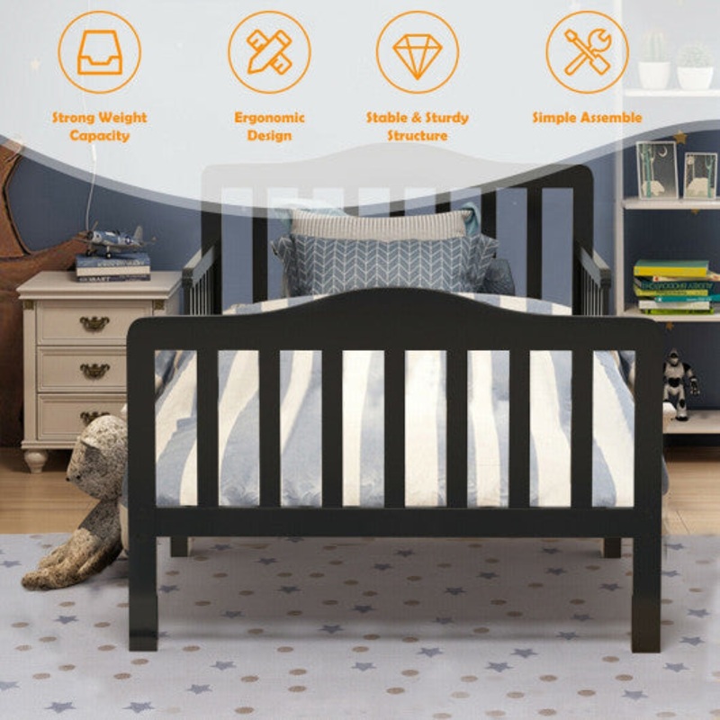 Classic Design Kids Wood Toddler Bed Frame With Two Side Safety Guardrails-Black