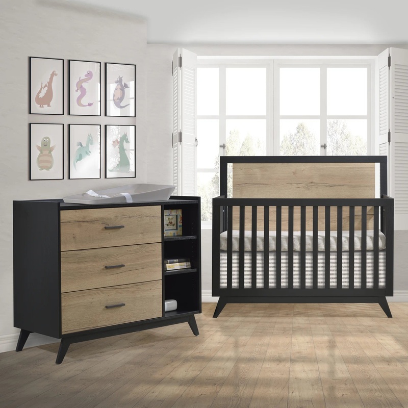 Tulip Juvenile Sissi Convertible Crib with 3 Drawer Dresser Set – Black/Natural Oak