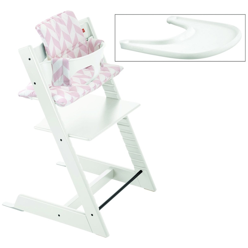 Tripp Trapp High Chair and Cushion with Stokke Tray – White/Pink Chevron