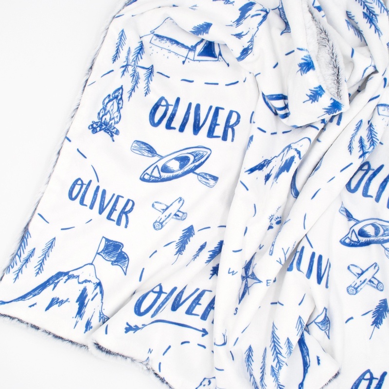 Sugar + Maple Blue Adventure Map Minky Blanket – Personalized