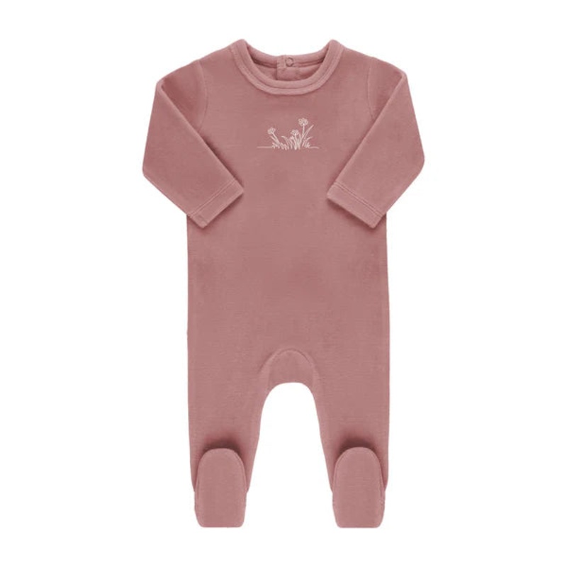Baby Girl Footie | Velour Embroidered Flowers | Pink | Ely’s & Co
