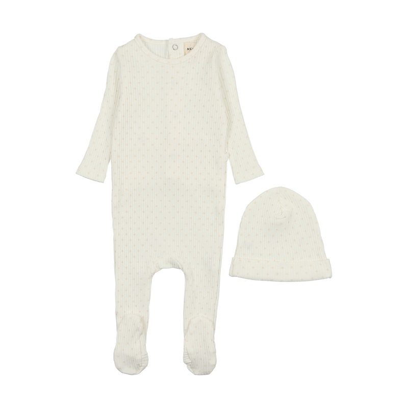 Baby Girl Footie & Hat | Wide Ribbed Heart Textured | White + Pink Hearts | Mema