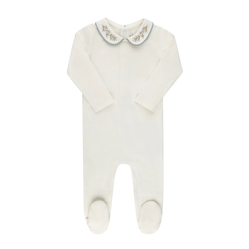 Baby Boy Footie | Organic Cotton Wide RIb Embroidered | Ivory/Blue | Ely’s & Co