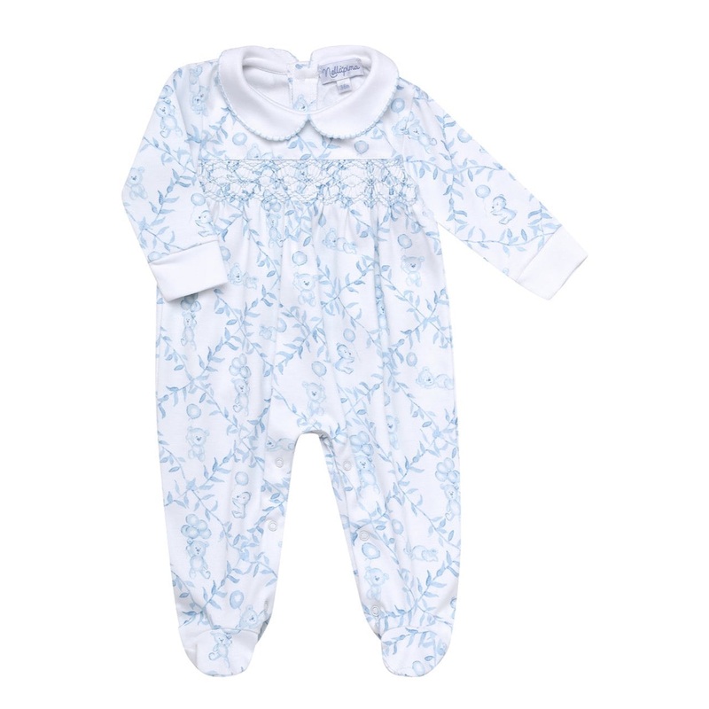 Teddy Bear Trellis Smocked Pima Footie: Blue