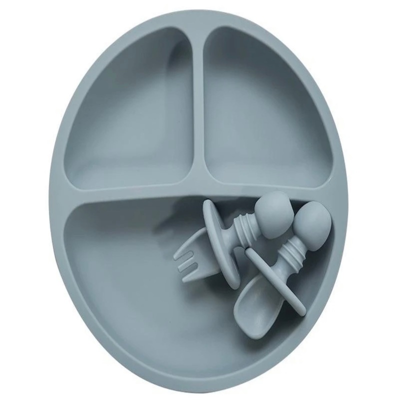 Baby Self Feeding Set – Sectioned Plate with Easy Grip Cutlery | Dusty Blue
