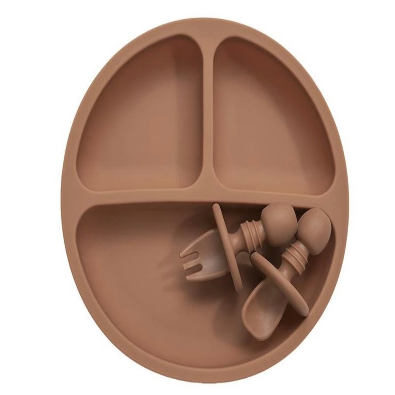 Baby Self Feeding Set – Sectioned Plate with Easy Grip Cutlery | Clay