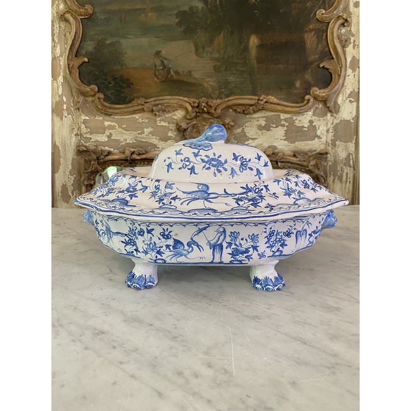 Antique Blue & White Moustiers Footed Lion Tureen