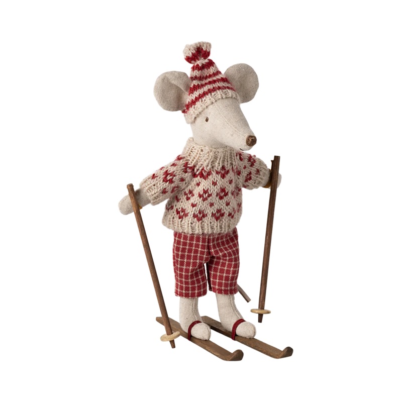 Winter mouse with ski set, Mum – Red