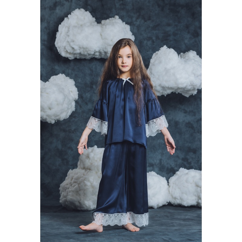 Amiki Children Girls Silk Adriana Pyjama Set in Navy