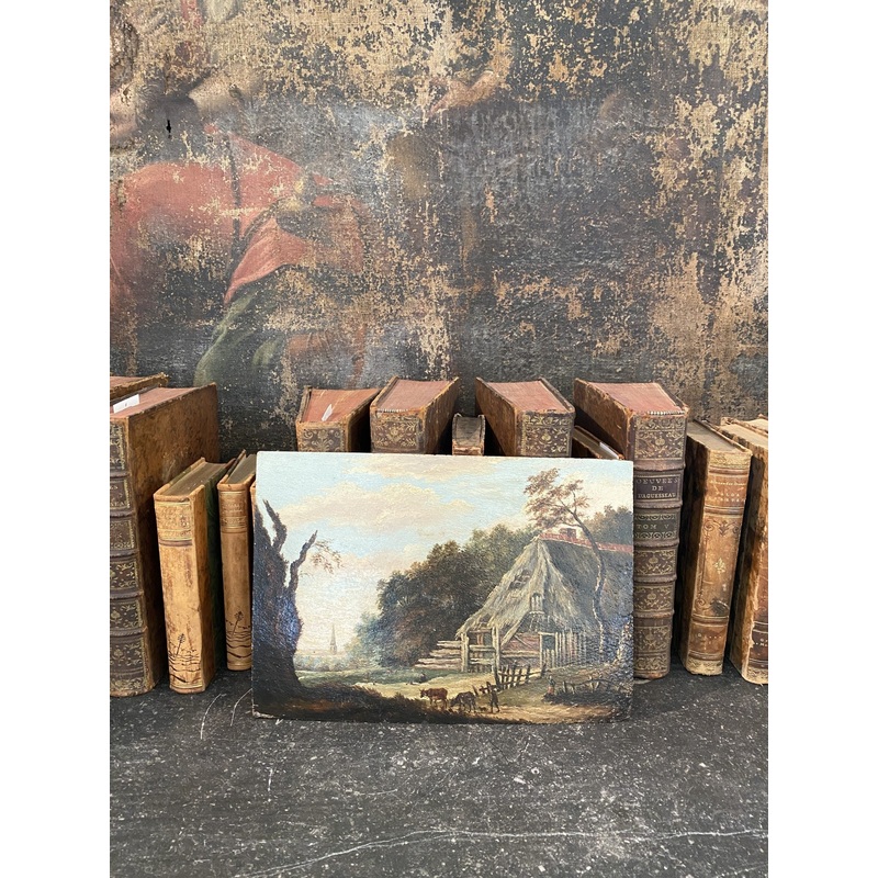 Antique 18th Century Oil on Panel – Cottage with Cows from France