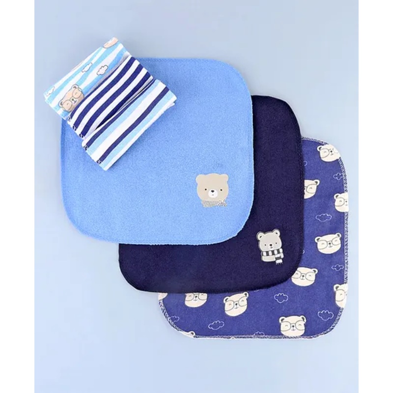 Babyhug Cotton Knit Wash Cloth with Bear Print Pack of 6 – Blue
