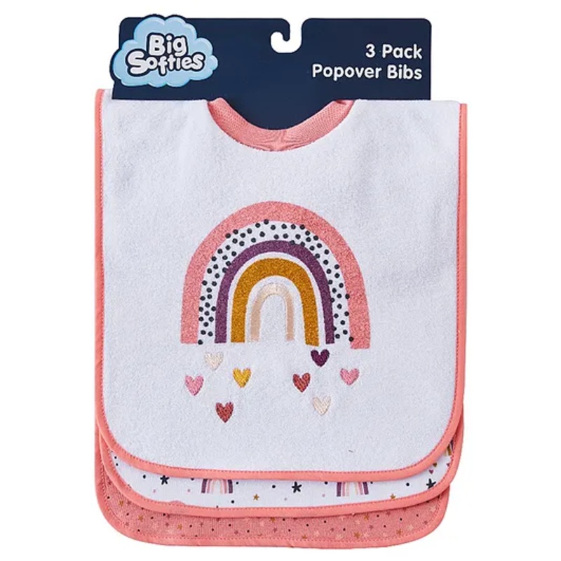 Big Softies Popover Bibs Printed & Applique Embroidery Soft Stretchable Rib Neck Blended Cotton Ultra Soft & Super Absorbent For Drooling, Teething & Feeding For Girls 6-36 Months Pack of 3-Rainbow