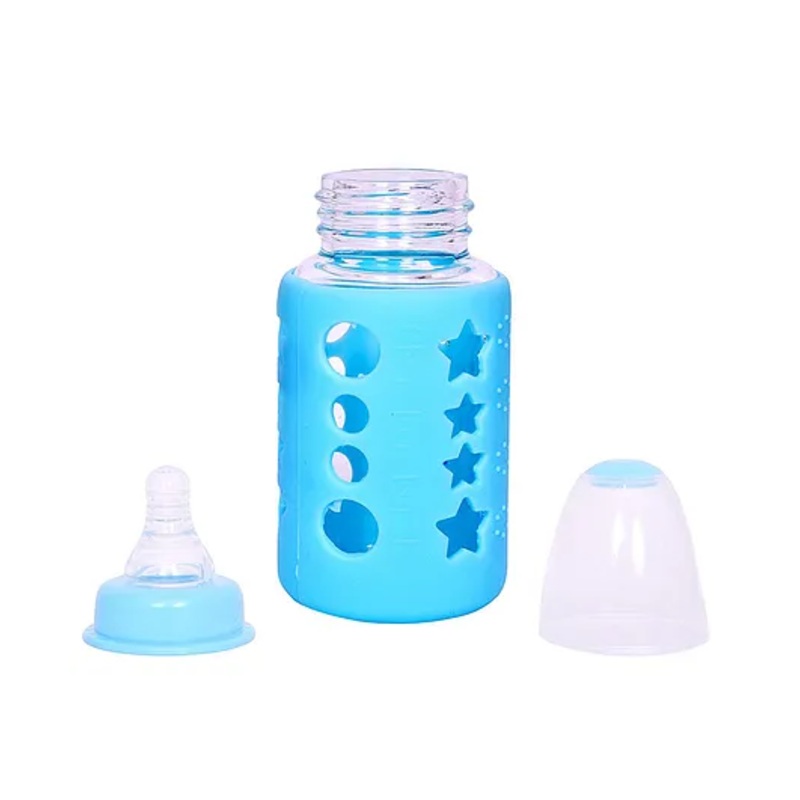 Fantasy India Premium Glass Baby Feeding Bottle for Kids Ultrasoft Nipple Glass Feeding Bottle with Silicone Cover Feeding Bottle for Milk and Baby Drinks No Leakage ML & OZ Marking (Color :- Blue, 120 ml)