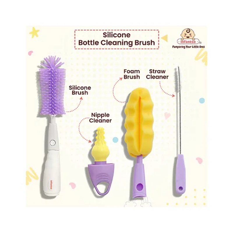 Infantso 4-in-1 Silicone Bottle Cleaning Brush: Deep Clean Baby Bottles, Nipples, and Straws – Purple