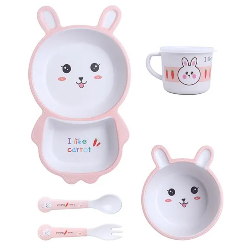 Polka Tots Eco-Friendly 5-Piece Bamboo Fiber Feeding Set For Babies, Toddlers, & Kids Includes Shaped Plate, Bowl, Cup, Spoon, Fork  Bunny Design | Kids Tableware & Crockery Set