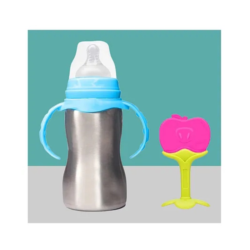 The Cheeky Kidzz Baby 2 in 1 Multi-functional Baby Stainless Steel Milk Juice Feeding Bottle Cum Sipper Bottle With Fruit Shape Silicone Apple Standing Shape Teether Bpa Free (Pink) 240 ml
