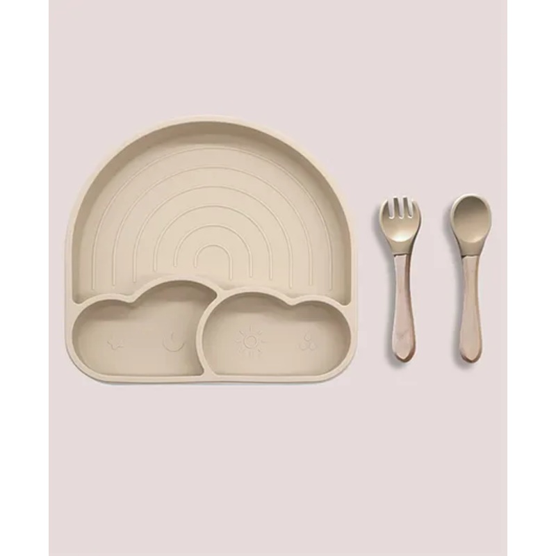 Theoni Silicone Suction Baby Feeding Set with Plate, Lid, Spoon & Fork MessFree Toddler Mealtime Essential Beige
