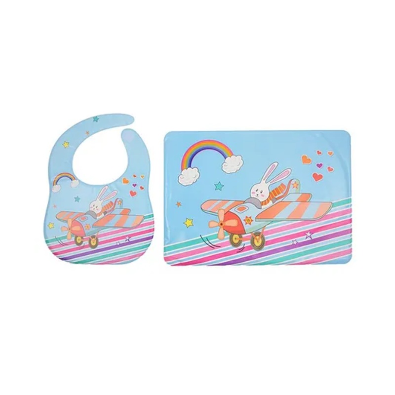Yellow Bee Feeding Bib With Mat Flying Bunny Print – Blue