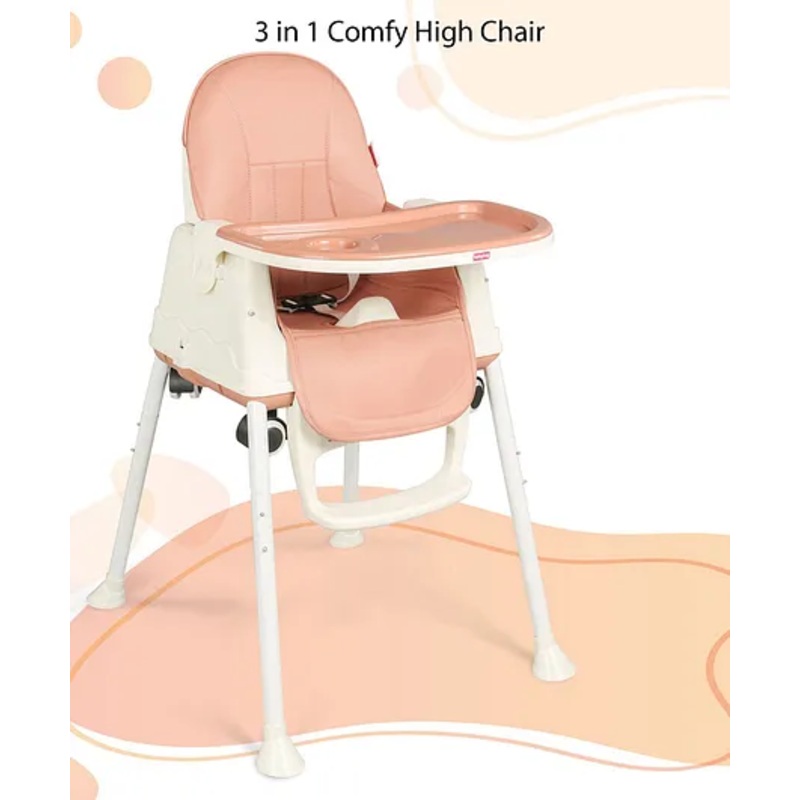 Babyhug 3 in 1 Comfy High Chair – Brown| High Chair, Feeding Chair & Booster Chair| Adjustable Double Food Tray| Removable PU Leather Seat| Safety Harness| Removable Footrest