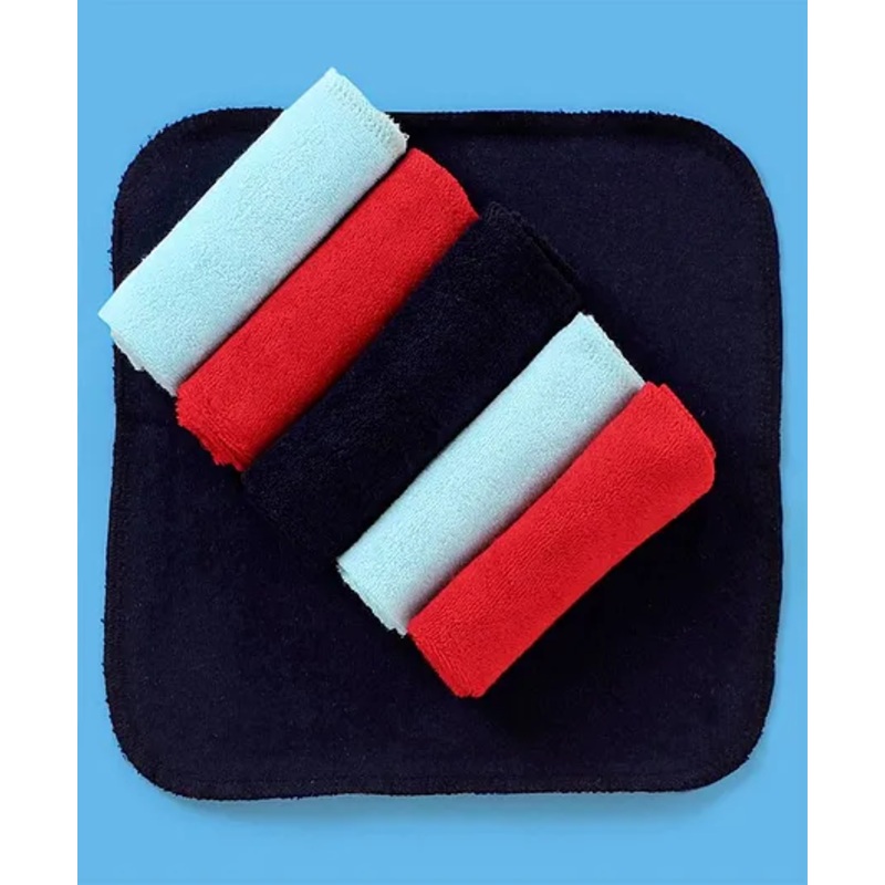 Babyhug Knitted Terry Solid Wash Cloth Pack of 6 – Navy Sky Blue & Red