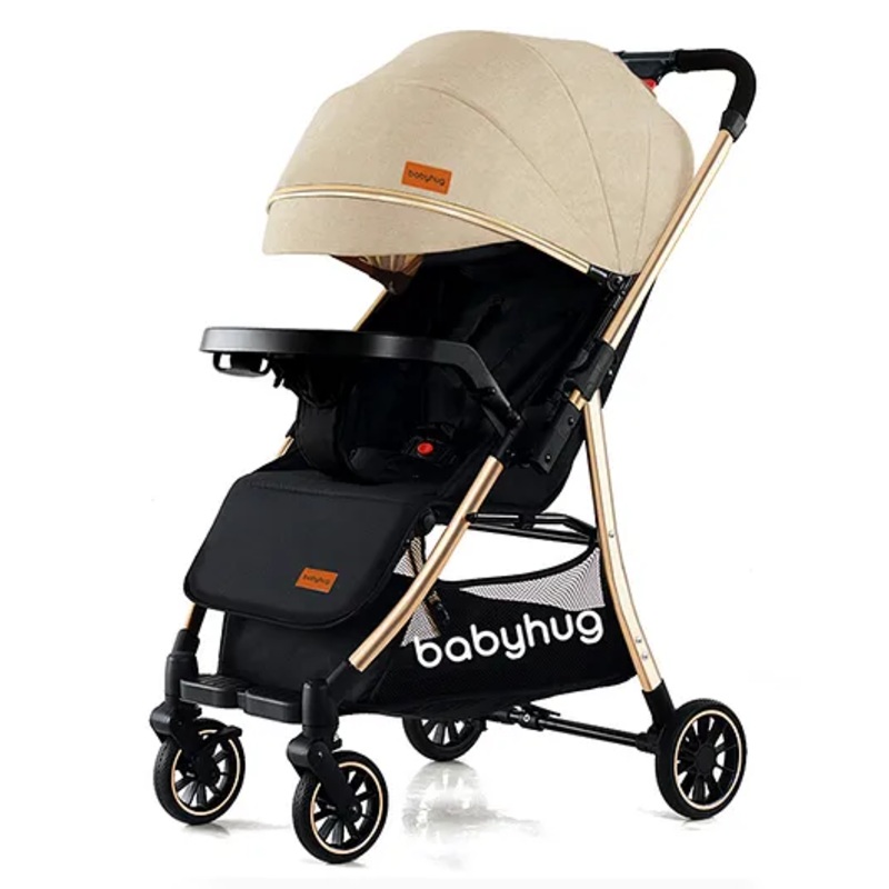 Babyhug Stroller with Reversible Handle Adjustable Backrest & Canopy – Khaki| Concealed Link Brake| Suspension Wheels| Removable Food Tray