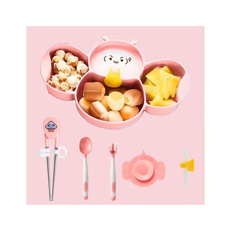 Babymoon Silicone BPA Free Baby Kids Feeding Dinner Set Gift Box Dinner Plate, Twisted Spoon & Fork, Suction Bowl Cup, Snap Straw And Chopstick Set of 6  Pink