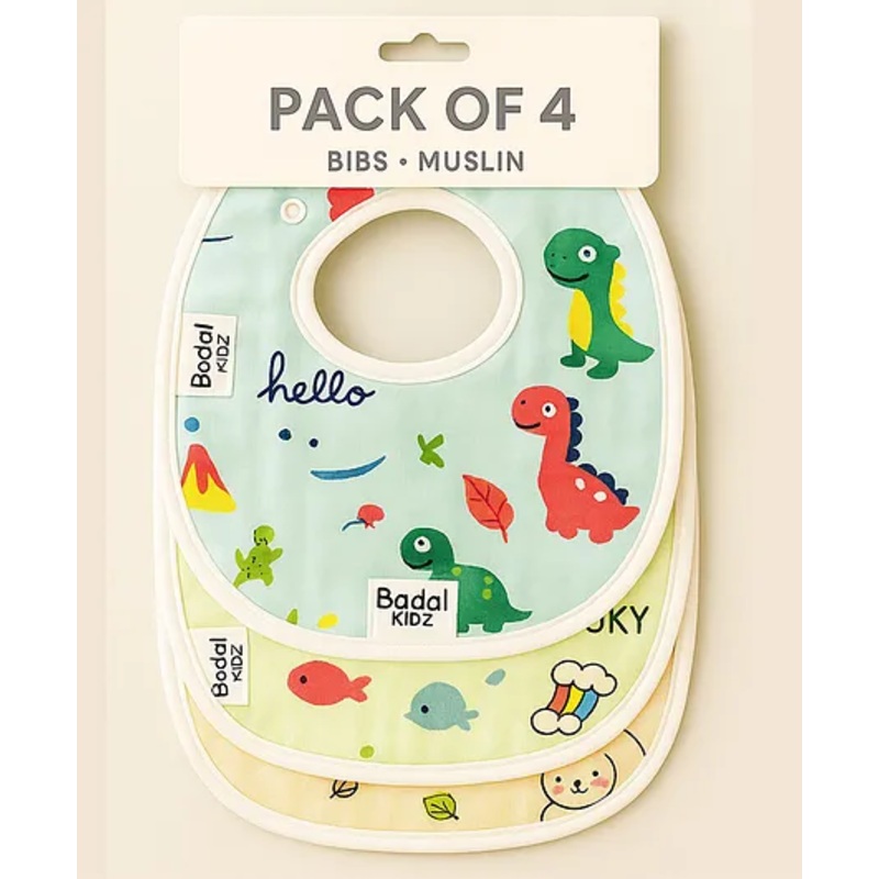 Badal Kidz Muslin Button Bibs For Baby- Assorted Colours- Pack Of 4