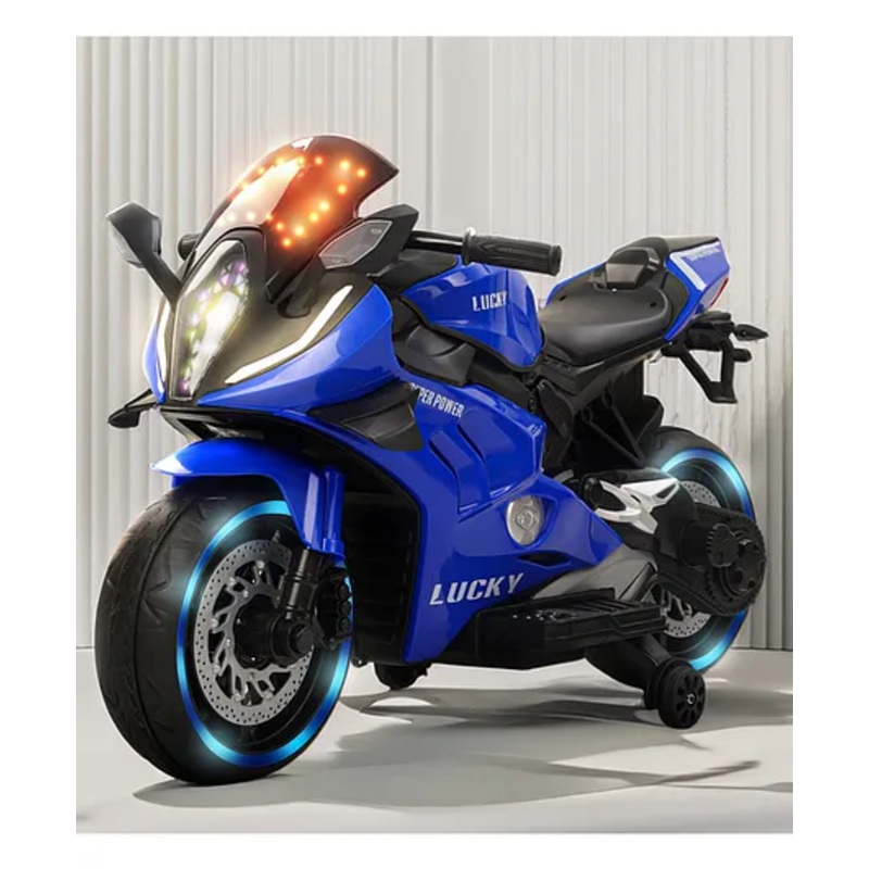 Baybee Zippio Baby Battery Operated Bike for Kids with Hand Accelerator & Music | Rechargeable Ride on Toy Bike with Training Wheels & LED Light | Electric Bike for Kids (Blue)