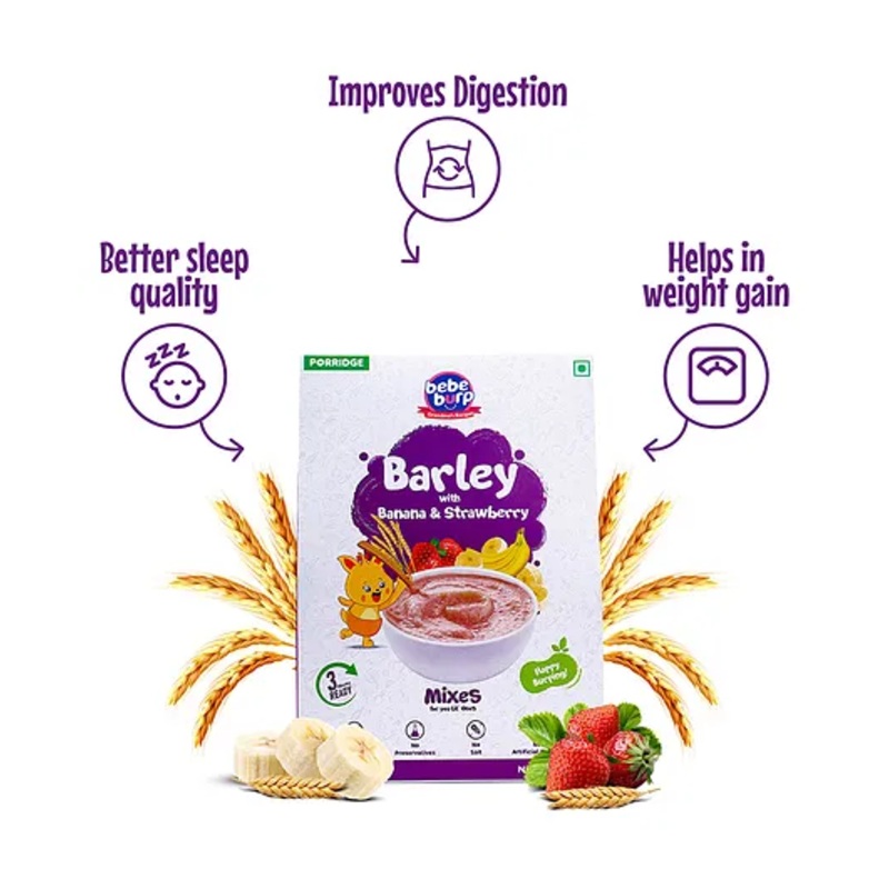 Bebe Burp Organic Barley Banana Strawberry Porridge Mix for Babies 6M+, High Fiber Protein, 200g