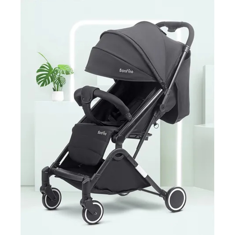 Bonfino Feather Lite Cabin Stroller with Linen Fabric and Compact Tri-fold – Black
