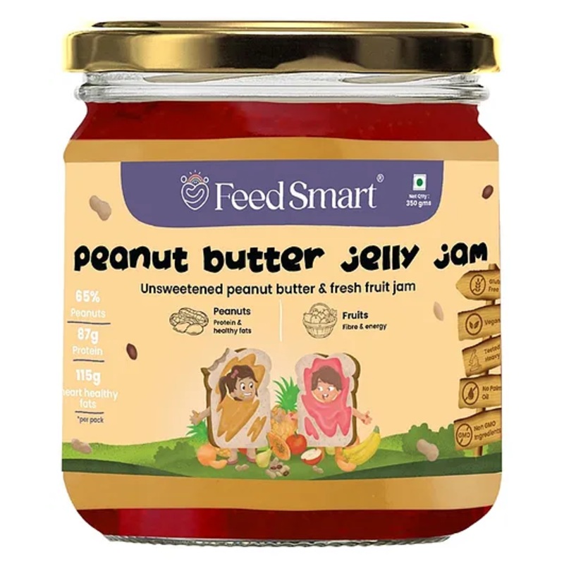 Feed Smart Peanut Butter Jelly Jam: Unsweetened Peanut Butter | Fresh Fruit Jam, Vegan | Protein-Packed | No Added Sugar | Perfect for Nutritious Snacking |350g | Pack of 1