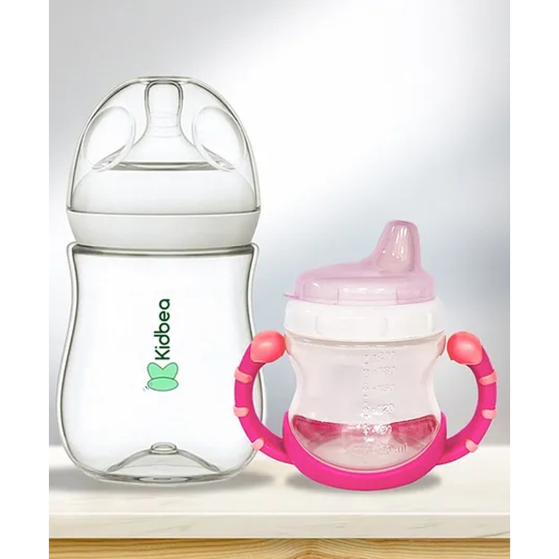 Kidbea Natural Baby Feeding Bottle, BPA-Free, Soft Nipple, Anti-Colic Design with Baby Feeding Sipper Cup Bottle (Pack of 2) | Wide Neck 270 & 200 ml – Pink