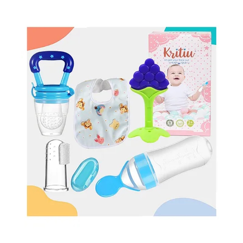 Kritiu Baby Fruit Feeder Pacifier Silicone Baby Food Dispensing Spoon 90 ml Fruit Teether Finger Brush & Baby Bib Combo – Blue