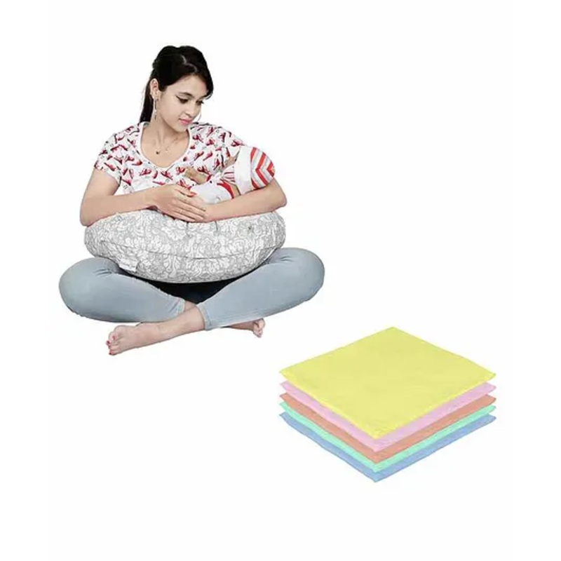 Lulamom Nursing Pillow with Cover Floral Print & Muslin Napkin – Grey