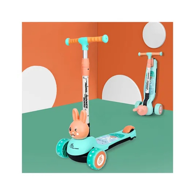 R for Rabbit Road Runner Bunny Kids Scooter, 3 Level Adjustable Height, Smart Fold & PU LED Wheels Kick Scooter with Brake for 3+ Years Kids, Weight Capacity upto 75kgs (Green Peach)