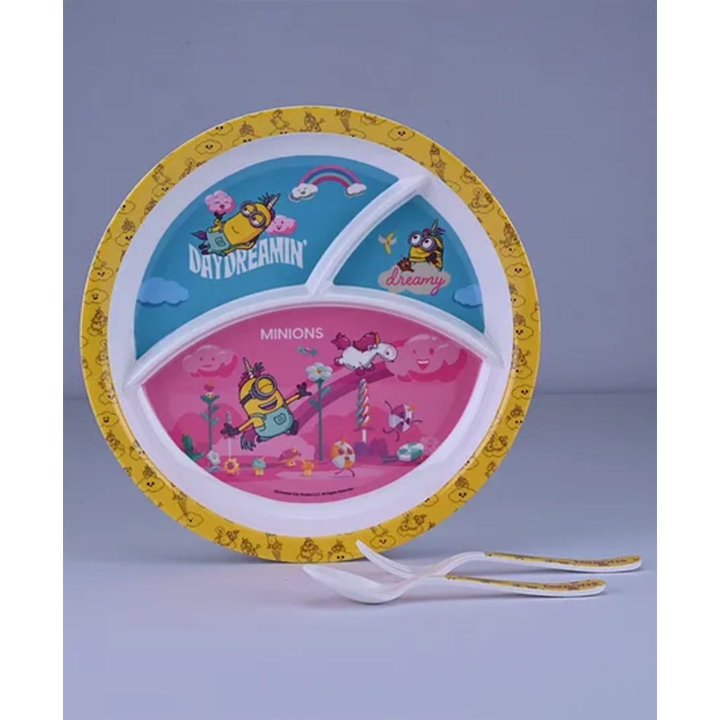 Servewell 3 Partition Round Plate with Spoon and Fork Minions Theme – Red and Yellow