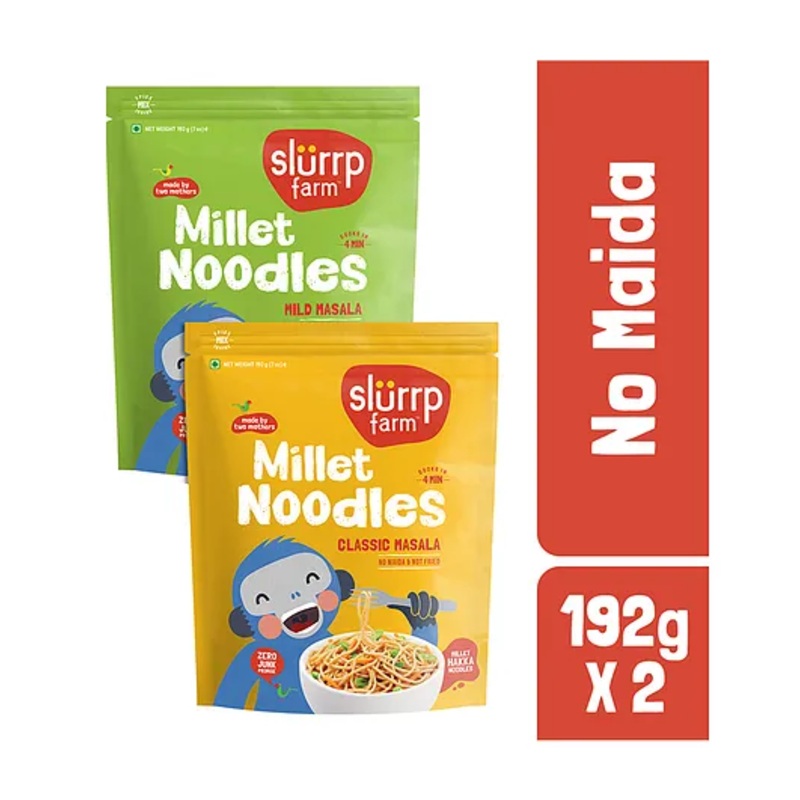 Slurrp Farm No MSG, Not Fried Hakka Noodles Classic and Mild Masala Millet Noodles, Pack of 2 – 192 gm Each