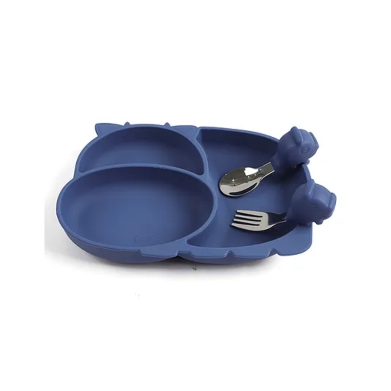 Suction Base Silicone Plate With Spoon & Fork , Baby Feeding Set – Blue