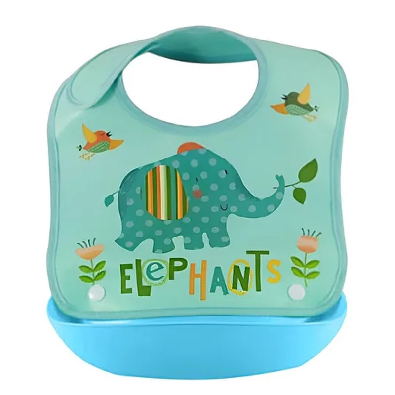SYGA Elephant Pattern Waterproof Silicone Roll up Washable Crumb Catcher Baby Feeding Eating Bib For 6 Months to 2 Years Unisex Baby (Green)