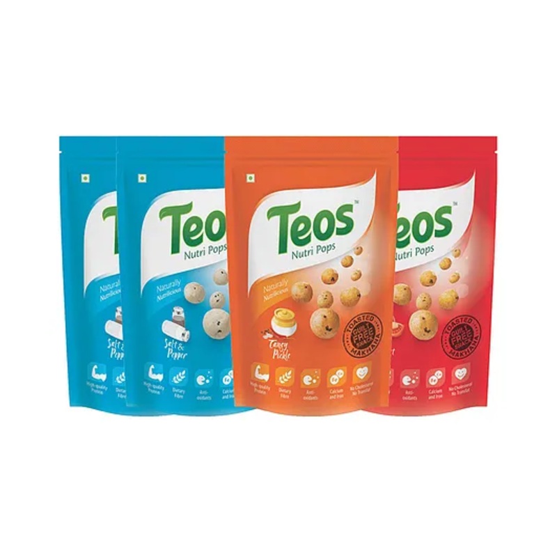 Teos Nutri Pops Roasted Makhana Snacks Salt And Pepper Tangy Pickle And Tomato Twist Pack Of 4 – 65 g Each