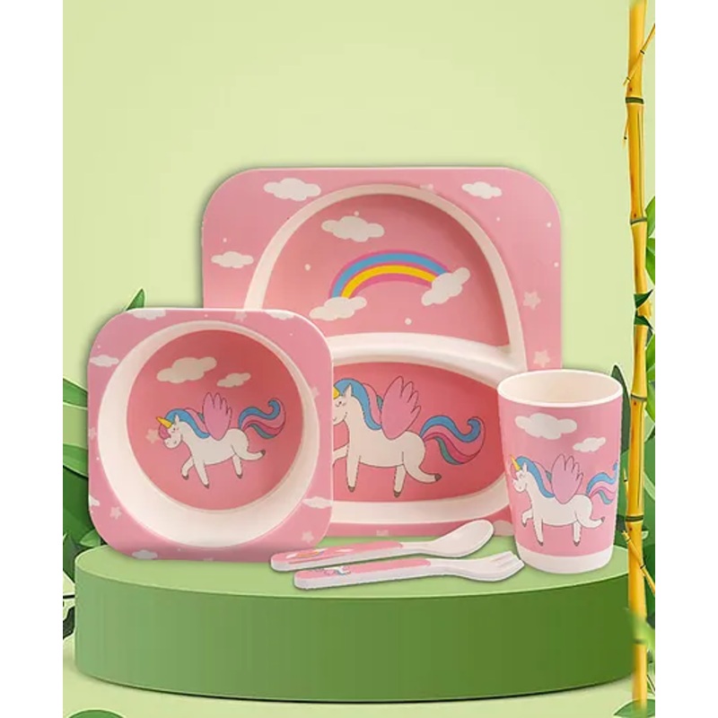 Tony Stark Bamboo Baby Feeding Set – 5-Piece Tableware for Toddlers, Kids & Babies Includes Plate, Bowl, Cup, Spoon, Fork – BPA-Free, Eco-Friendly |Organic & Natural (Unicorn)