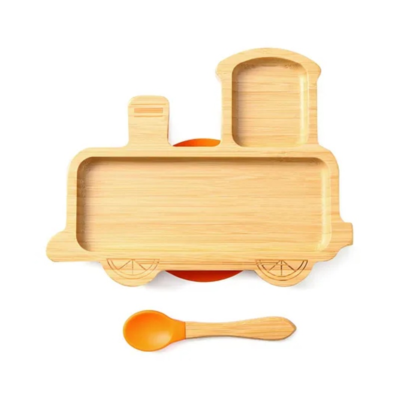 Train Shaped Bamboo Wooden 3 Compartment Section Plate with Spoon Suction Base – Beige & Orange