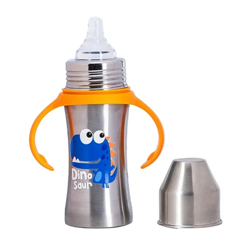 Adore Magnus! Premium Wideneck Stainless Steel Feeding Bottle with anti-colic teat and Handle 250 m l- Orange Dino